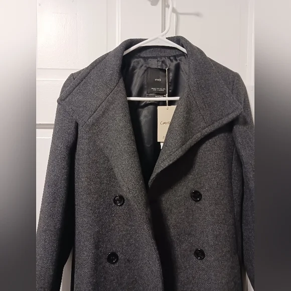MNG Mango *Committed* Belted Double Breasted Wool Coat, Drk Gray Sz XXS NWT - Picture 7 of 15